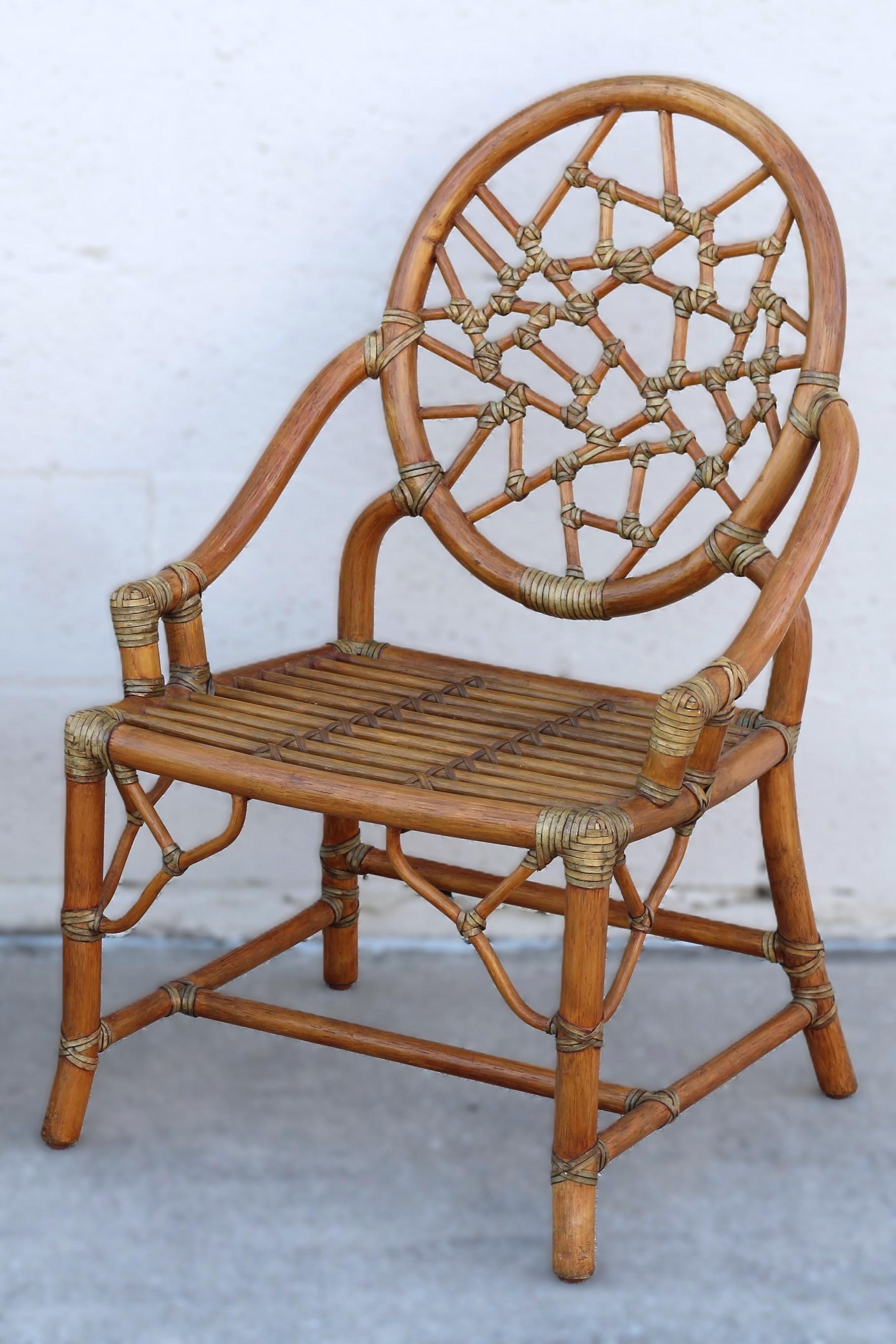 Pair of Rattan Cracked Ice Style Arm Chairs with Rolling Ottoman In Good Condition For Sale In Vero Beach, FL