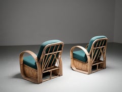 Set of Two Rattan Lounge Chairs, in Green Wool, Italy, 1970's