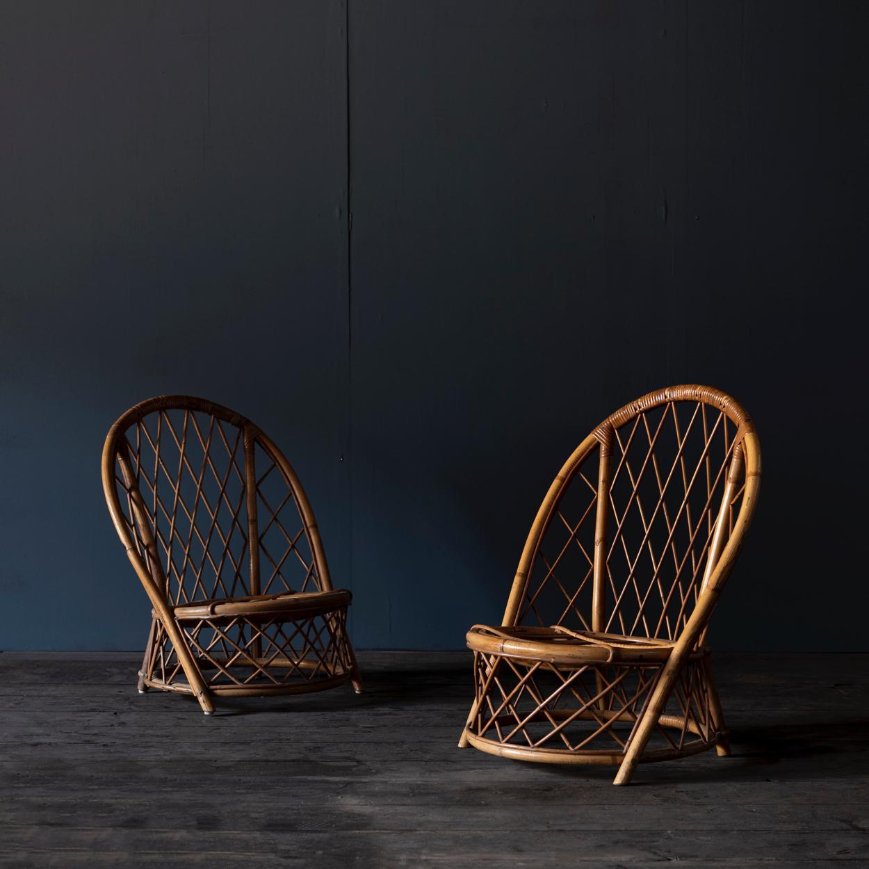 French Set of Two Rattan Low Chairs and a Magazine Rack, Audoux Minet, 1960s, France