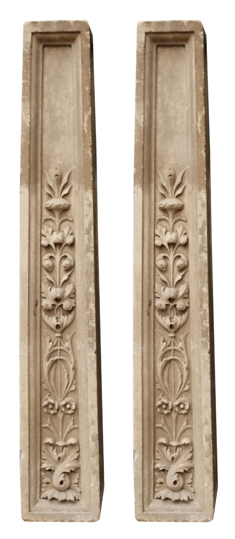 Pair of antique carved limestone pedestals. Four sided pedestals, with three sides adorned with carved foliage and flowers. The back is plain.

Additional dimensions

Width of base 19.5 x 19.5 cm.