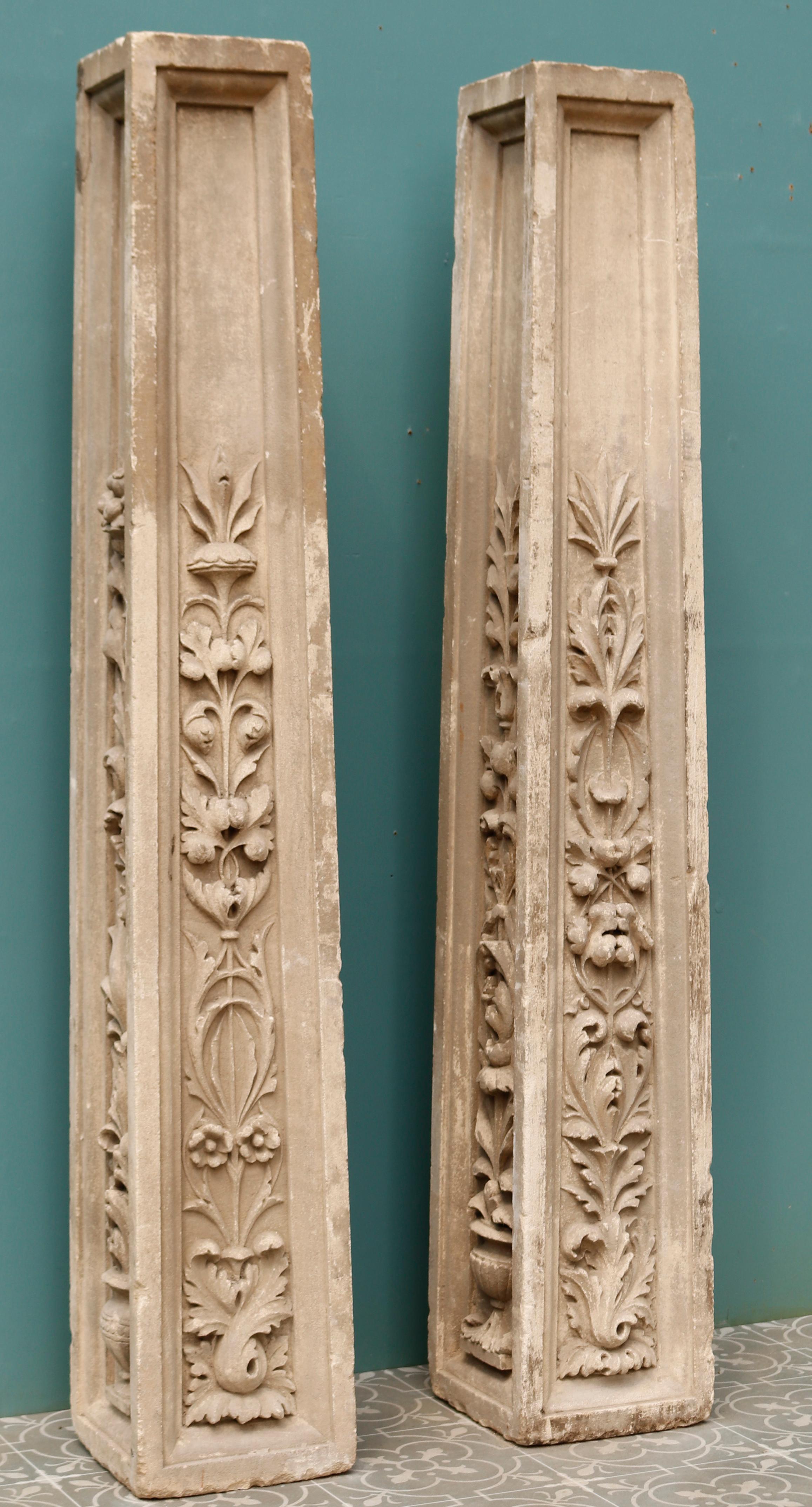 Set of Two Reclaimed Carved Limestone Pedestals For Sale 1