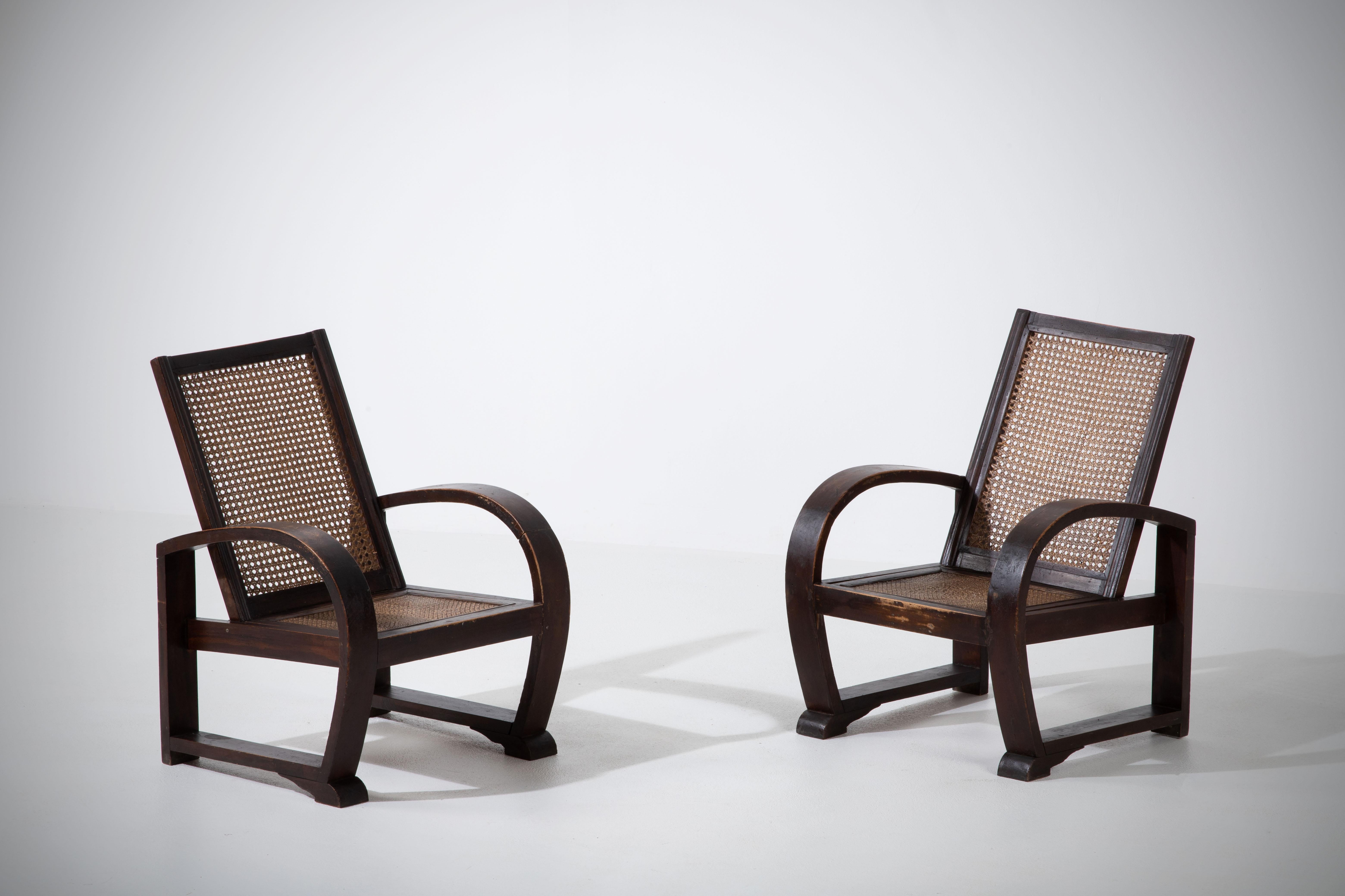 Hand-Woven Set of Two Reconstruction Walnut Armchairs, 1940s, France For Sale