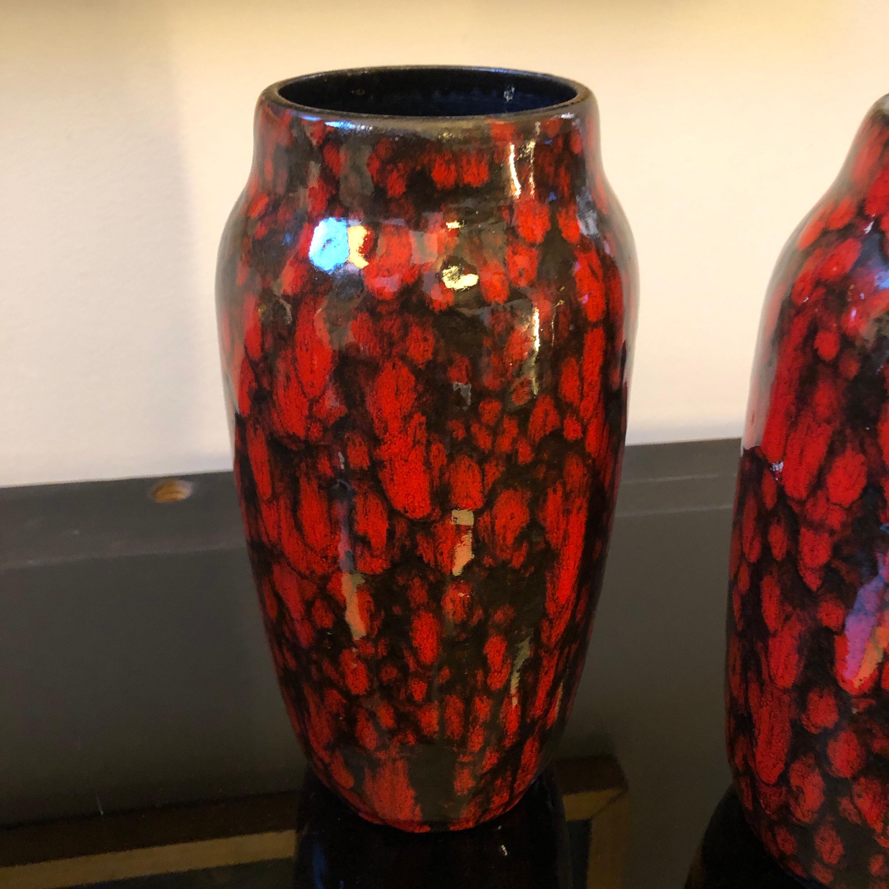 Modern Set of Two Red and Black Lava Keramik German Vases, circa 1970