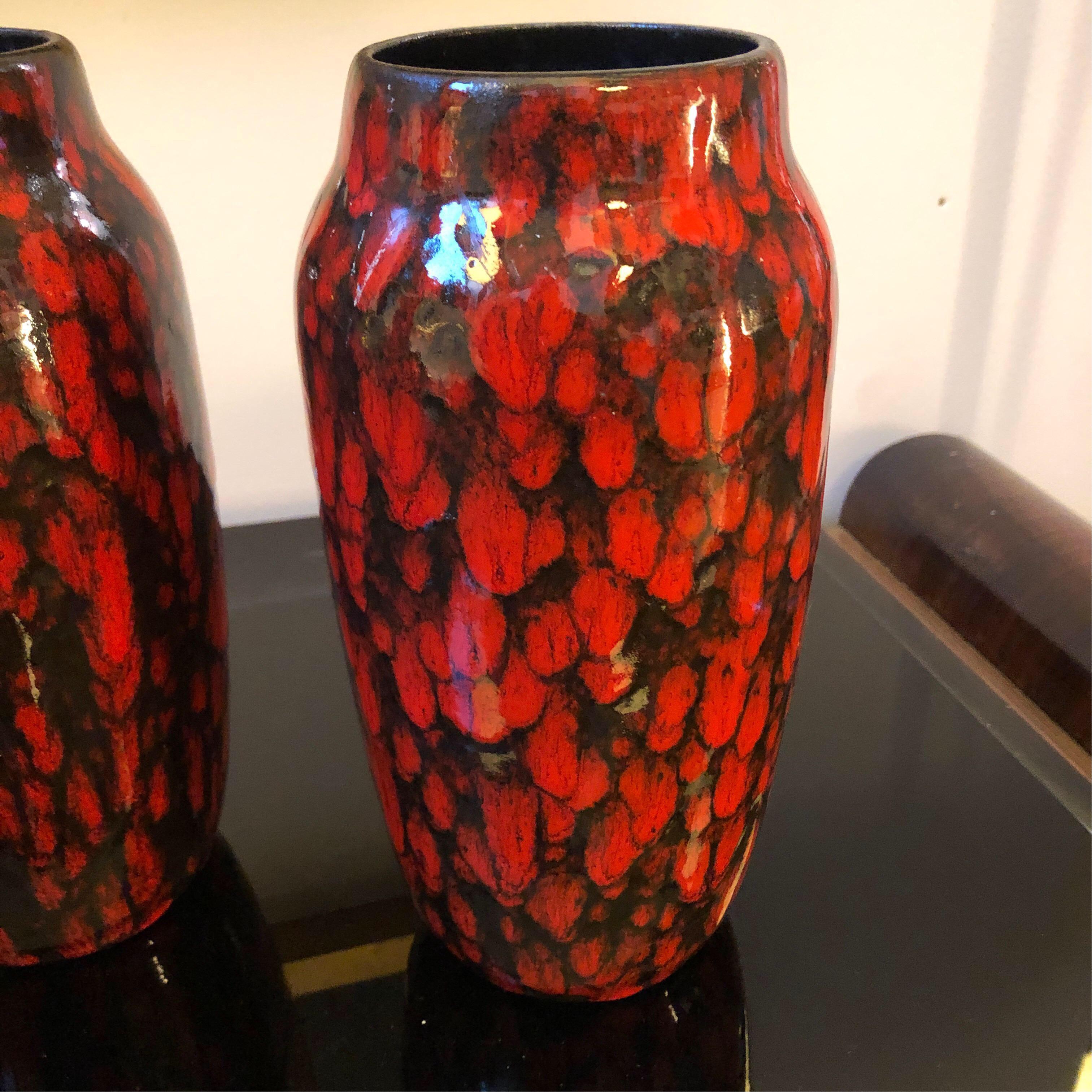 Hand-Crafted Set of Two Red and Black Lava Keramik German Vases, circa 1970