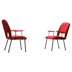 Ensemble de deux fauteuils rouges en laiton et Wood Wood, Italie, années 1960