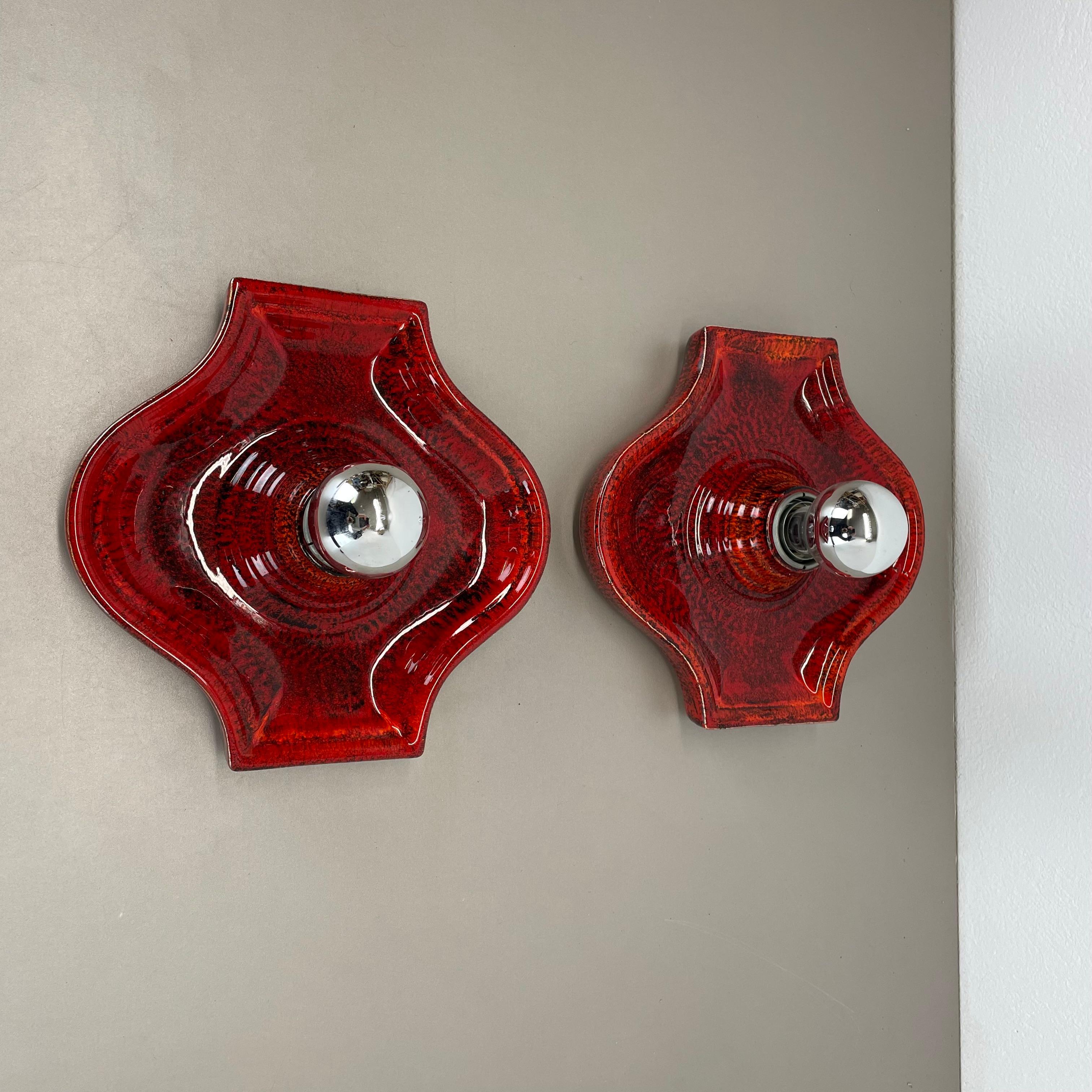 Mid-Century Modern Set of Two red Ceramic Fat Lava Wall Lights by Hustadt Lights Germany 1970s For Sale