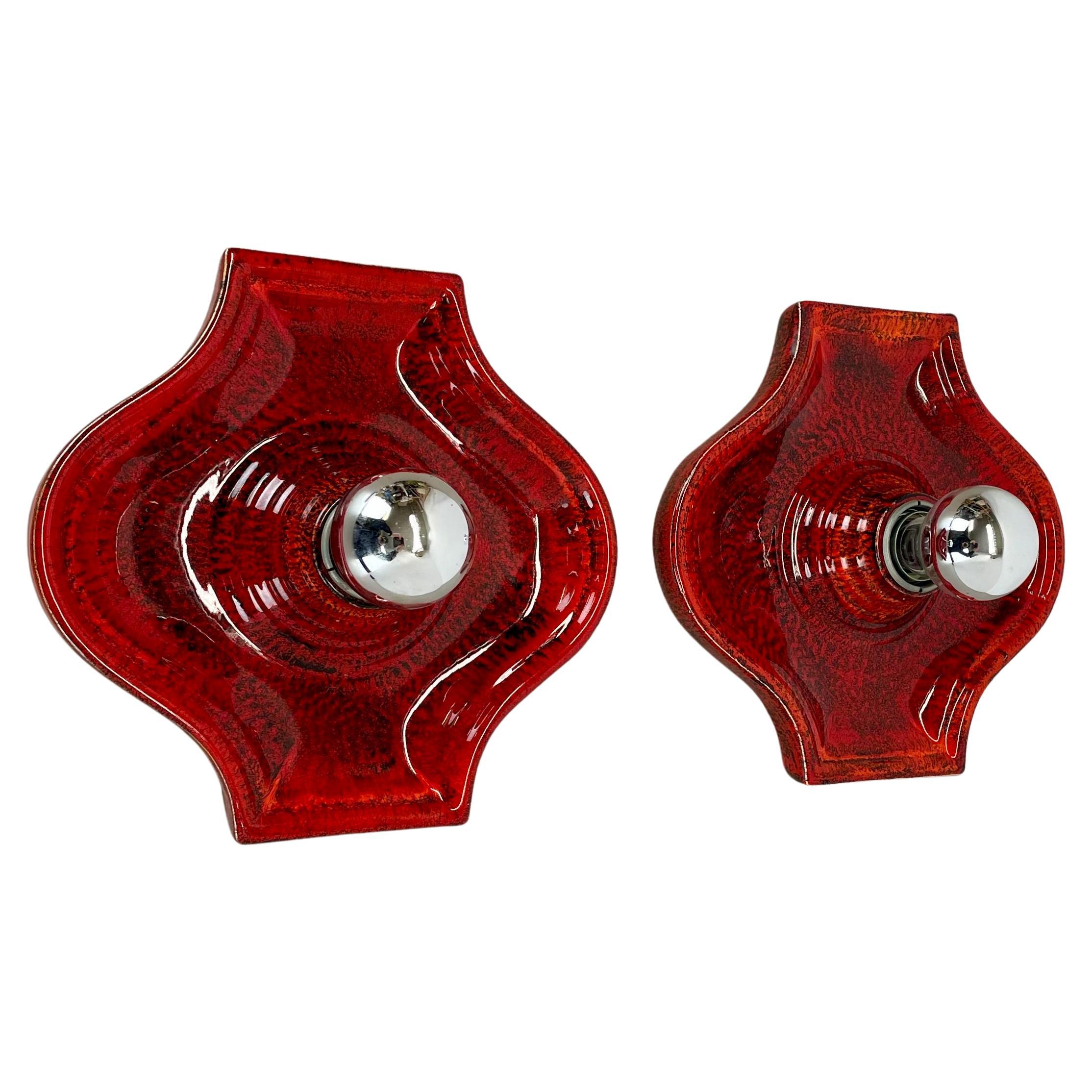 Set of Two red Ceramic Fat Lava Wall Lights by Hustadt Lights Germany 1970s
