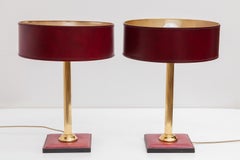 Set of Two Red Leather Attributed to Jacques Adnet Clad Table Lamps, France 1960