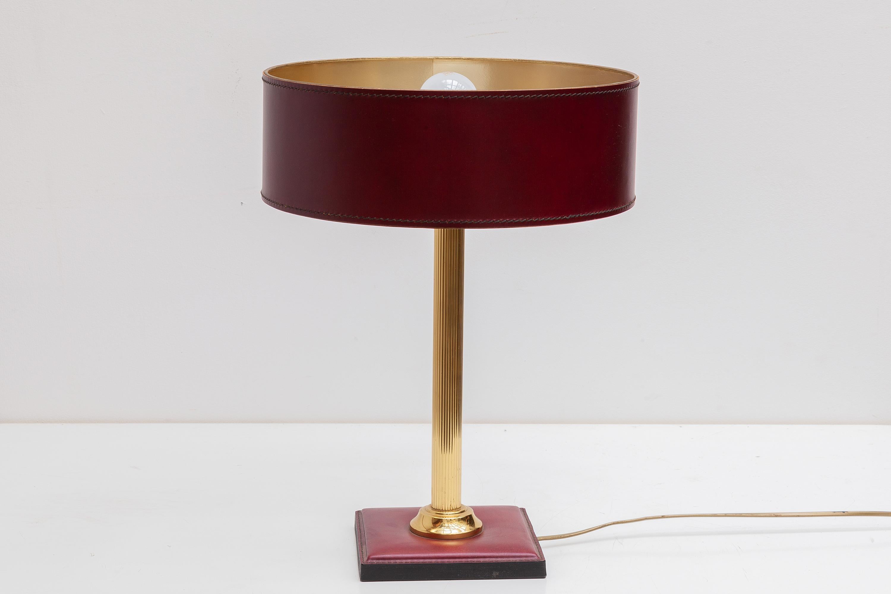 Mid-Century Modern Set of Two Red Leather Attributed to Jacques Adnet Clad Table Lamps, France 1960