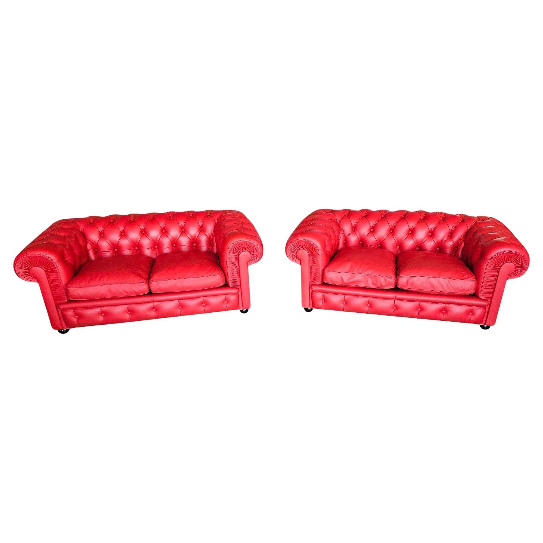 Set of Two Red Leather Chester Sofa by Poltrona Frau, 1993