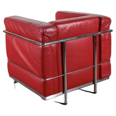 Set of Two Red Leather Lounge Arm Chairs Attributed Le Corbusier, 1980s