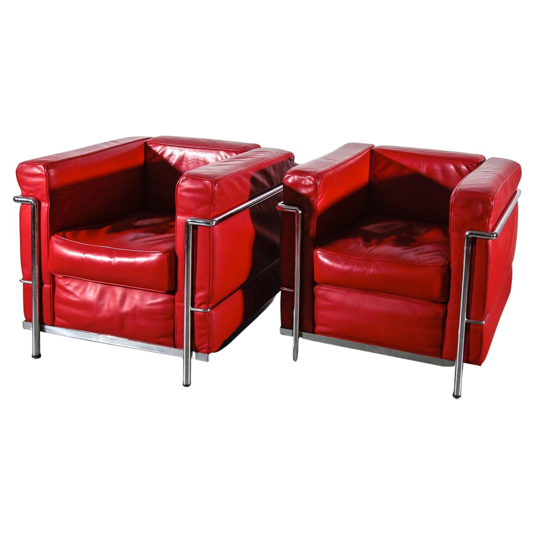 Bauhaus  Set of Two Red Leather Lounge Arm Chairs Attributed Le Corbusier, 1980s
