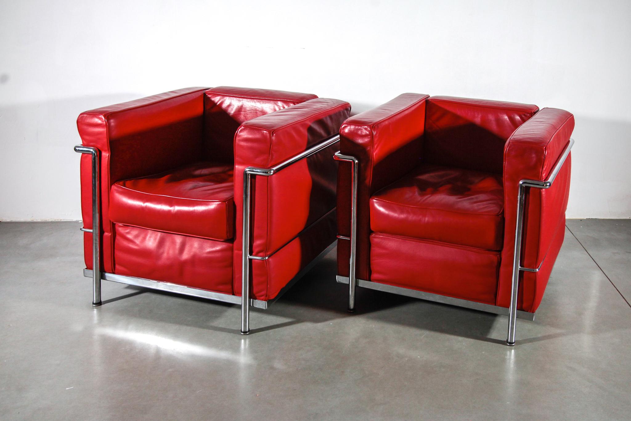Italian  Set of Two Red Leather Lounge Arm Chairs Attributed Le Corbusier, 1980s
