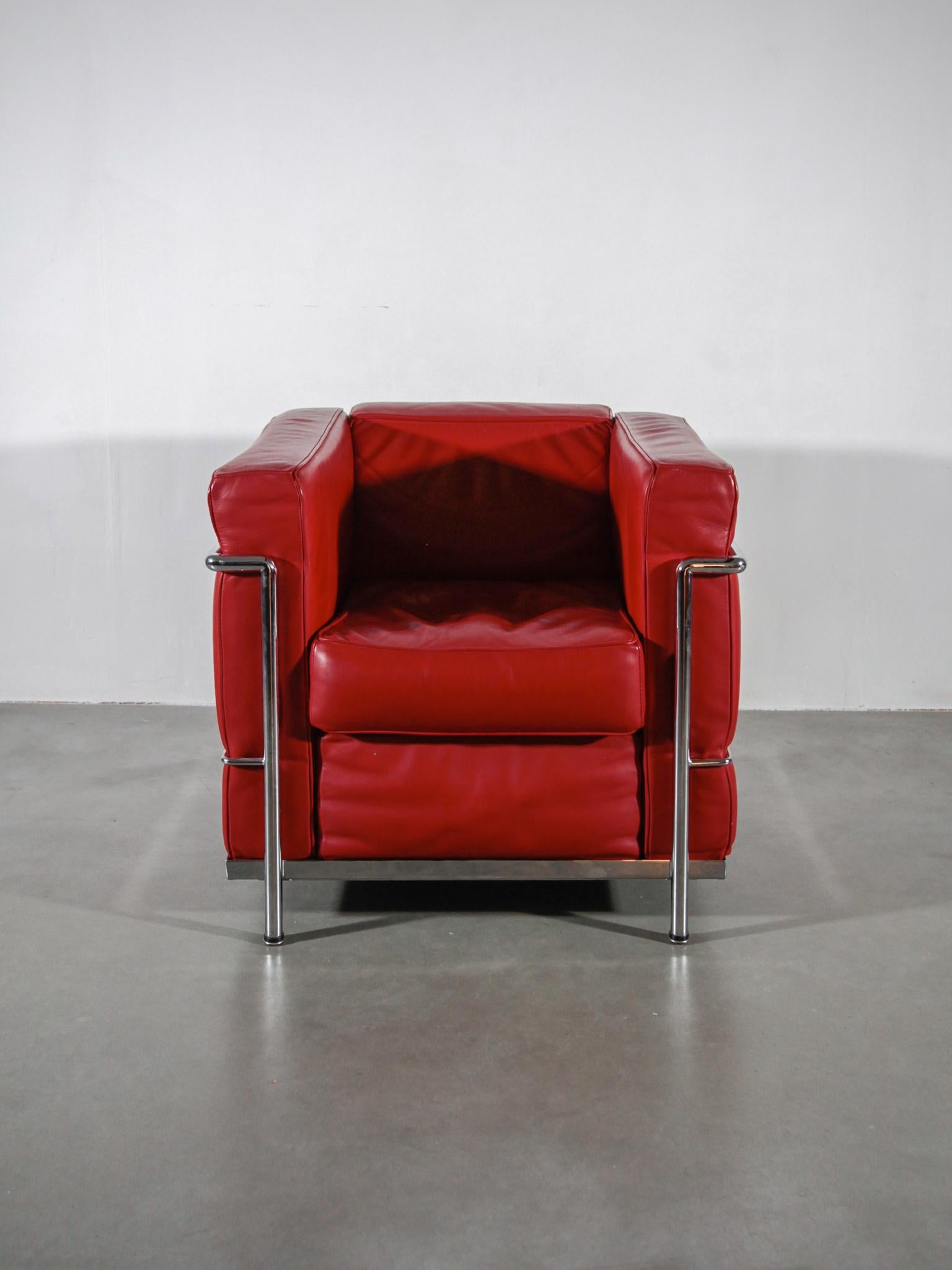 Hand-Crafted  Set of Two Red Leather Lounge Arm Chairs Attributed Le Corbusier, 1980s