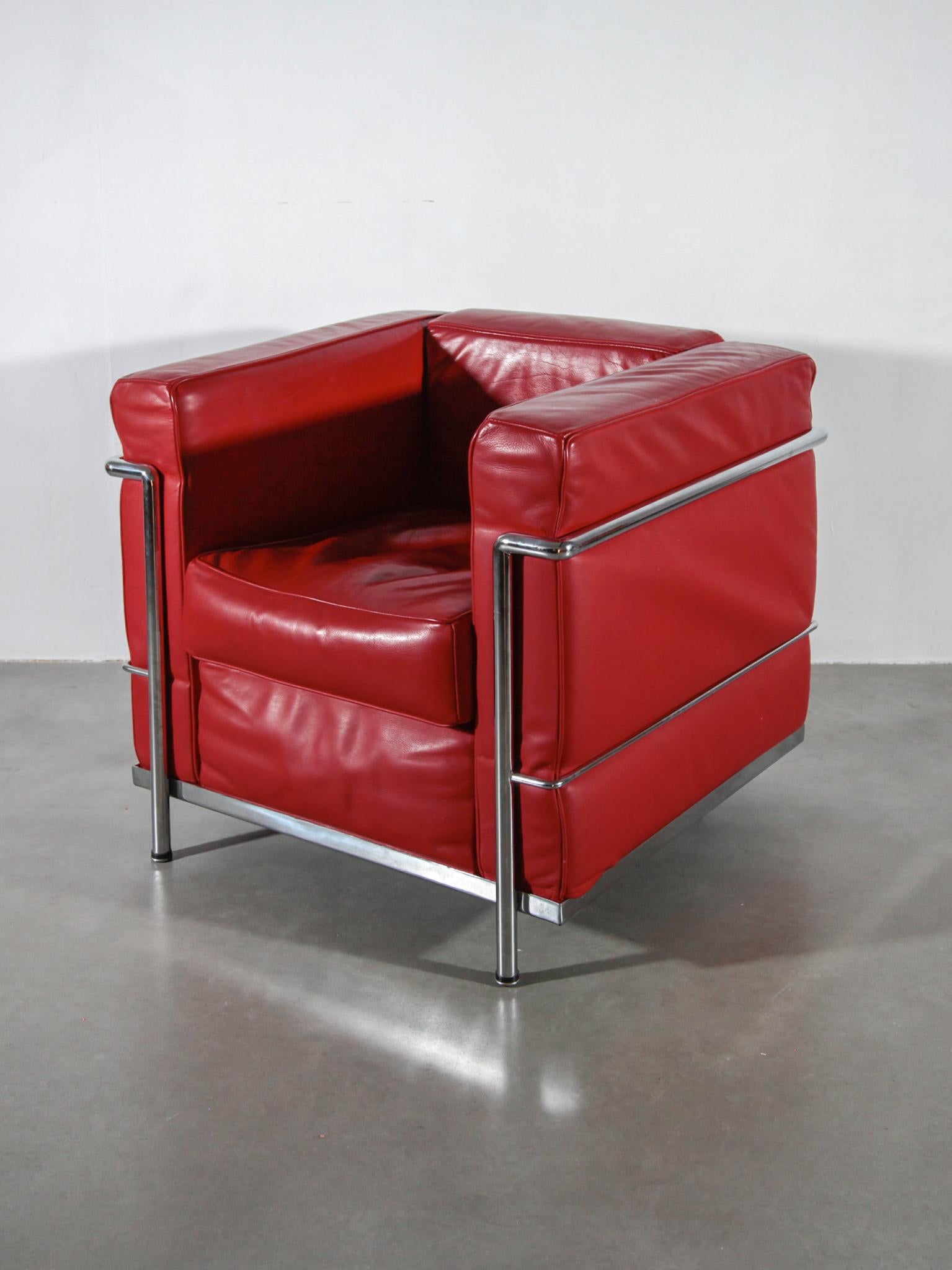 Late 20th Century  Set of Two Red Leather Lounge Arm Chairs Attributed Le Corbusier, 1980s