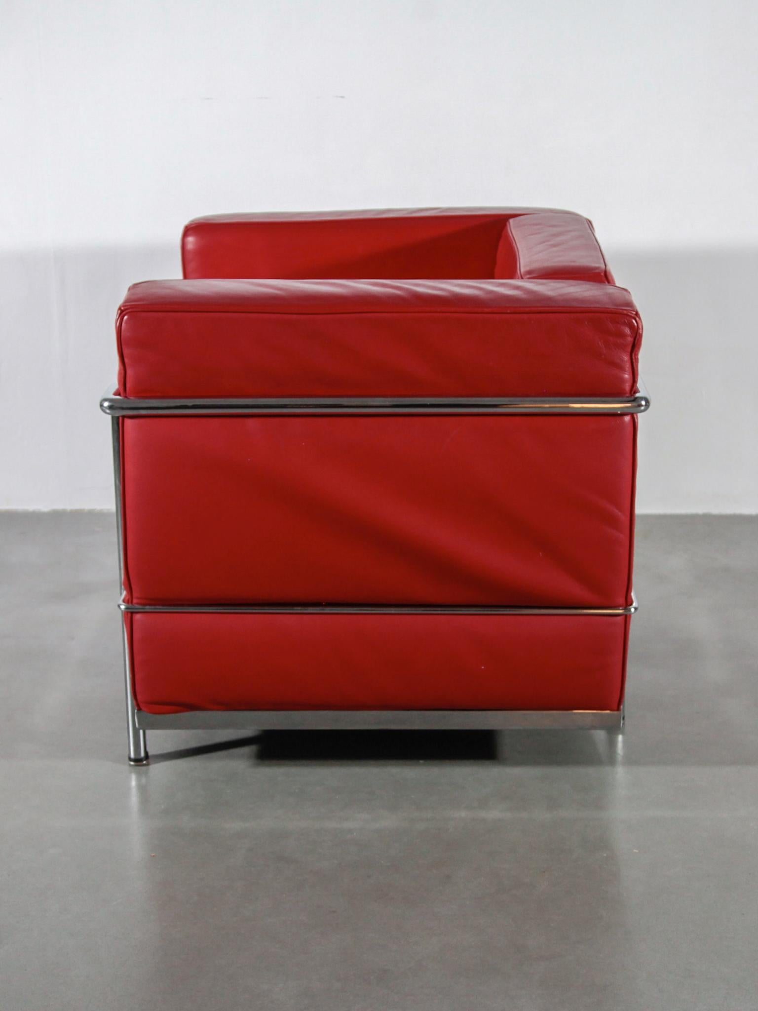  Set of Two Red Leather Lounge Arm Chairs Attributed Le Corbusier, 1980s 1