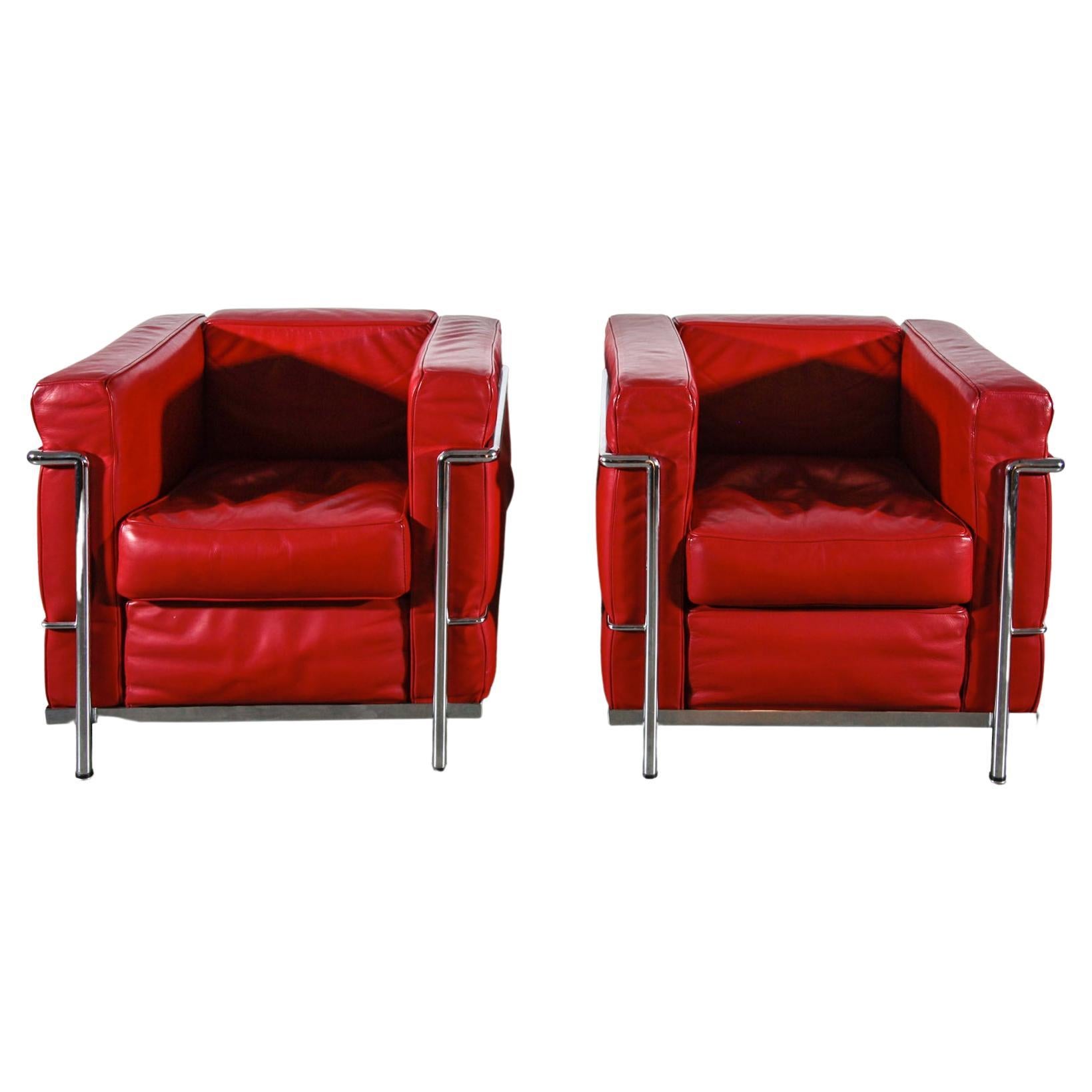  Set of Two Red Leather Lounge Arm Chairs Attributed Le Corbusier, 1980s