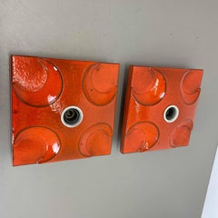 Set of Two Red-Orange Ceramic Fat Lava Wall Lights by Pan Ceramics, Germany 1970