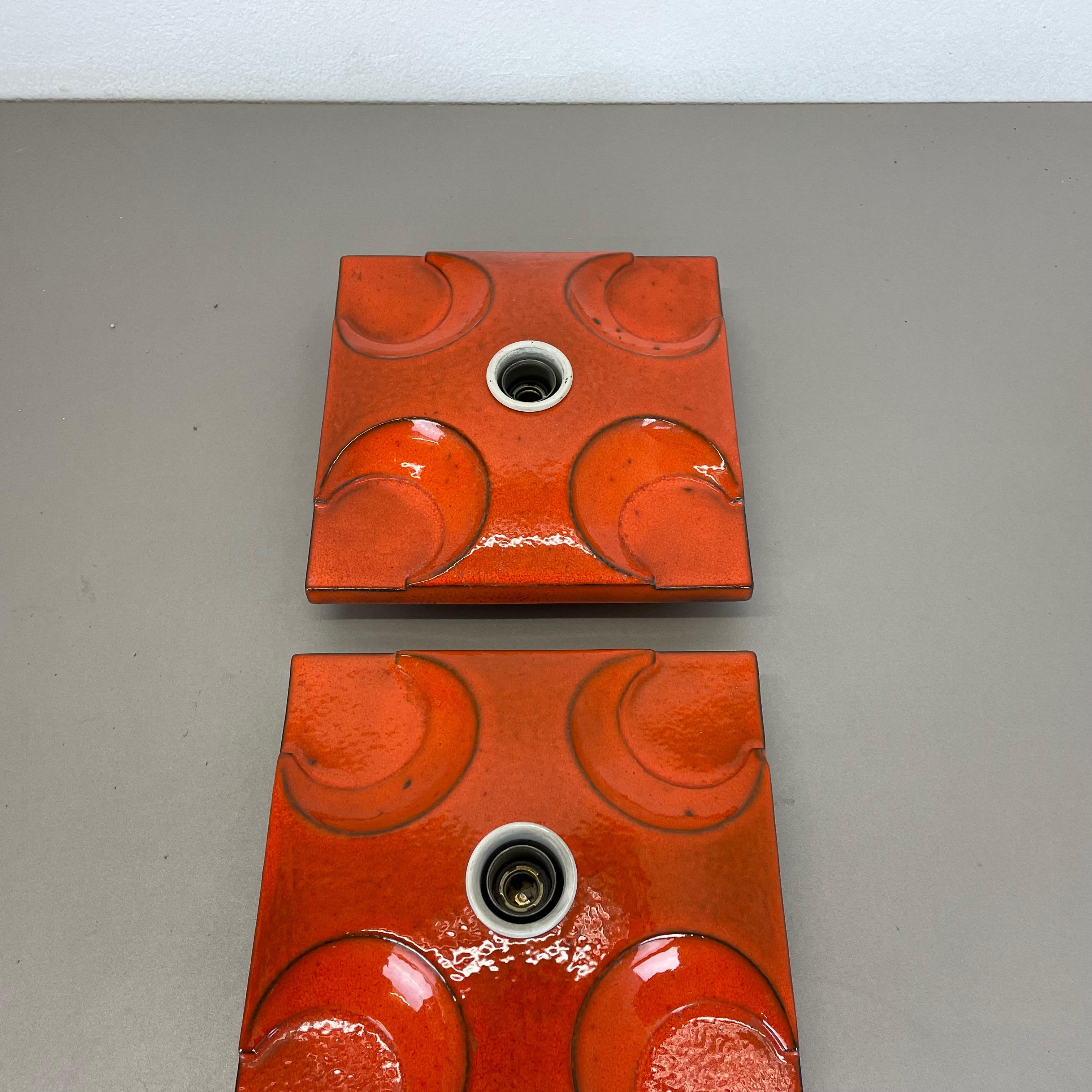 Metal Set of Two Red-Orange Ceramic Fat Lava Wall Lights by Pan Ceramics, Germany 1970 For Sale