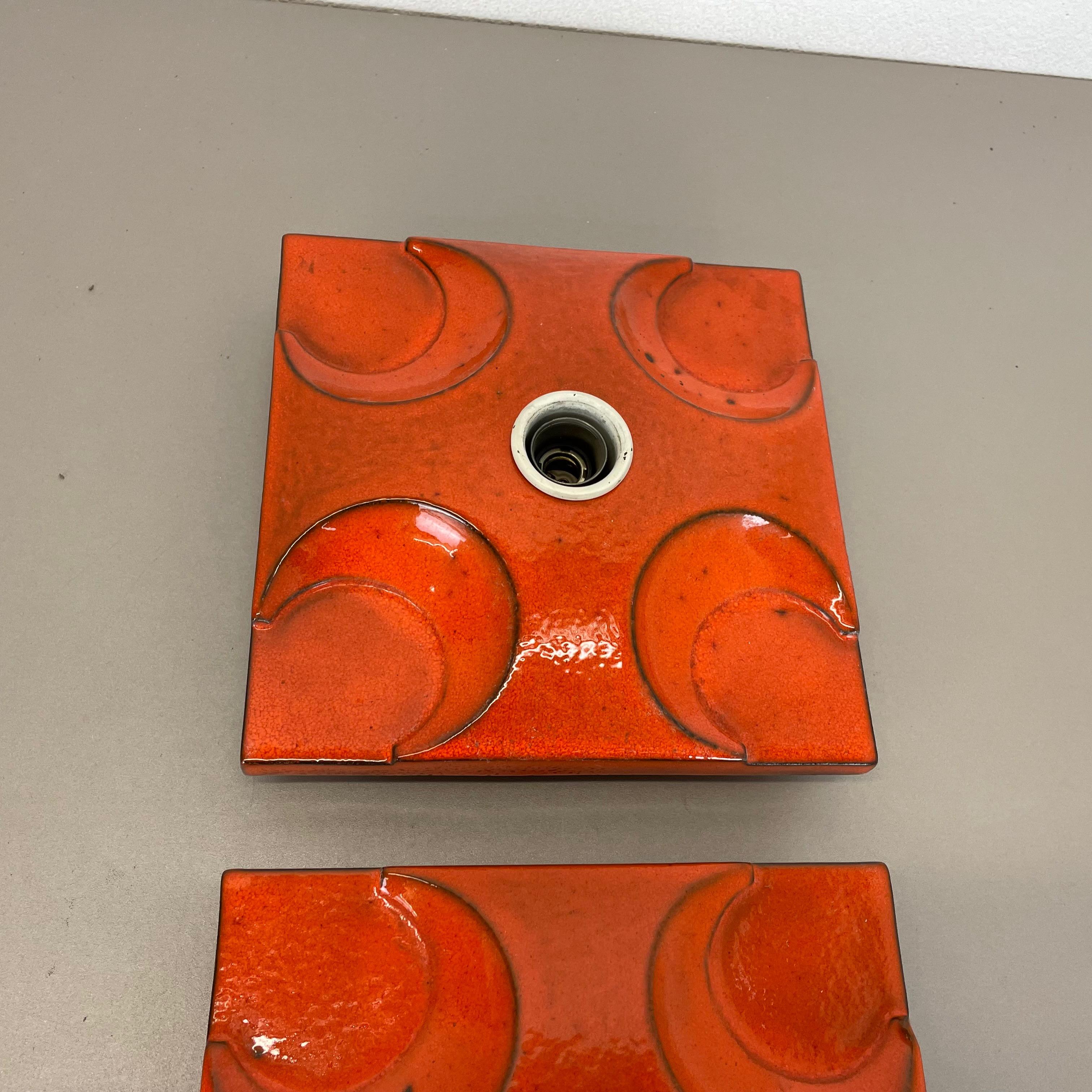 Set of Two Red-Orange Ceramic Fat Lava Wall Lights by Pan Ceramics, Germany 1970 For Sale 1