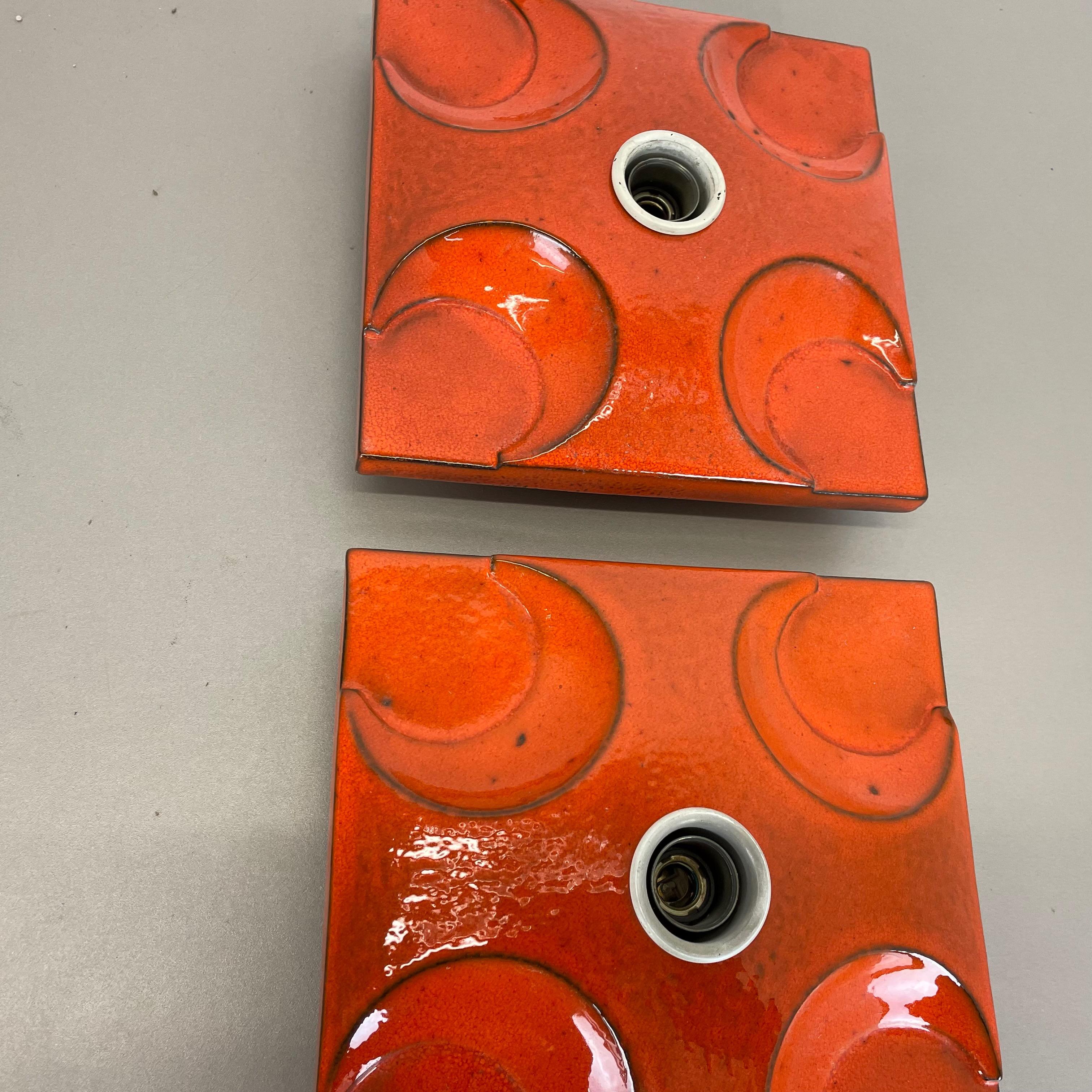 Set of Two Red-Orange Ceramic Fat Lava Wall Lights by Pan Ceramics, Germany 1970 For Sale 2