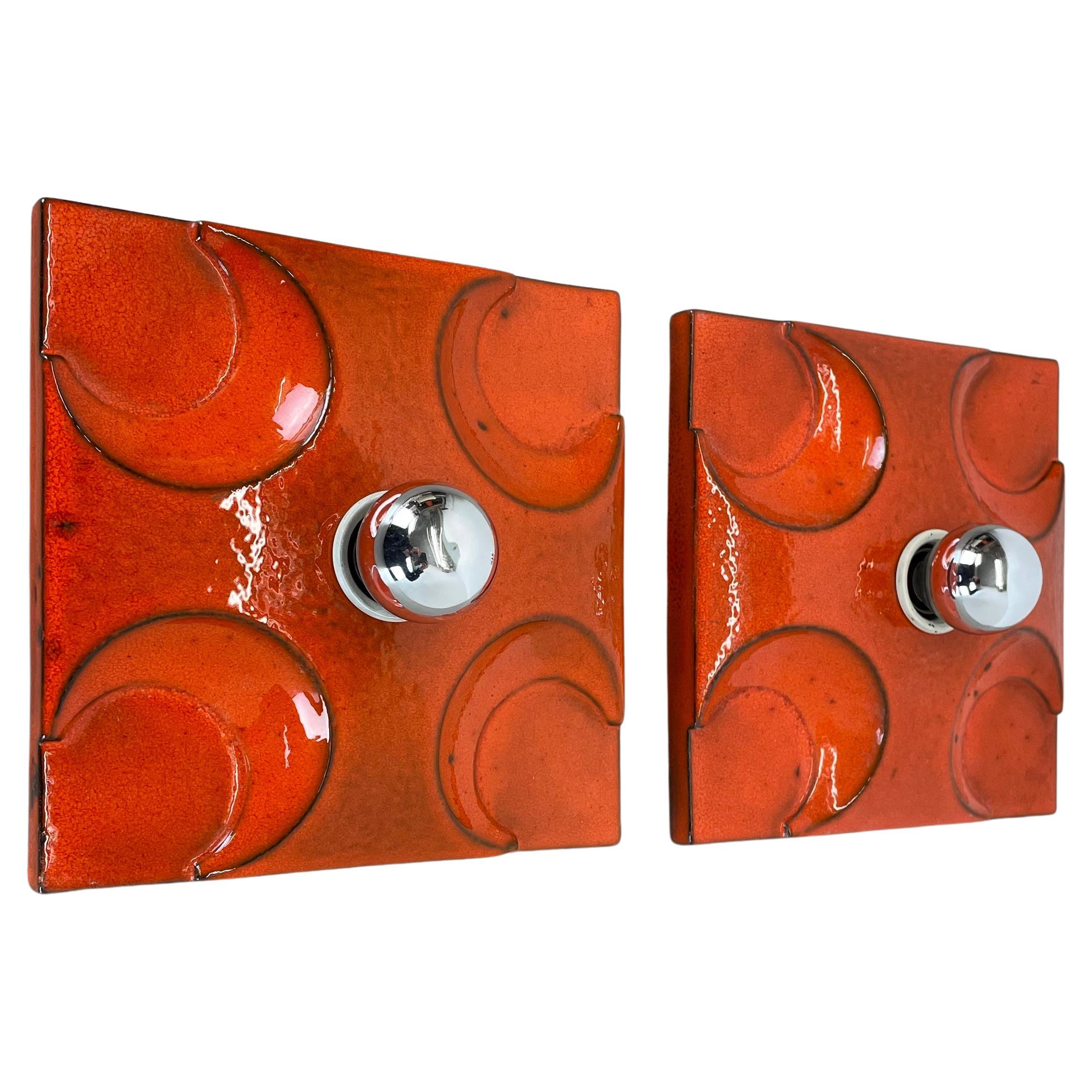 Ensemble de deux appliques murales en céramique rouge-orange en lave grasse de Pan Ceramics, Allemagne, 1970