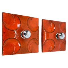 Vintage Set of Two Red-Orange Ceramic Fat Lava Wall Lights by Pan Ceramics, Germany 1970