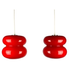 Set of Two Red Pendant Lights by Herwig and Frank Sterckx Glasfabriek De Rupel