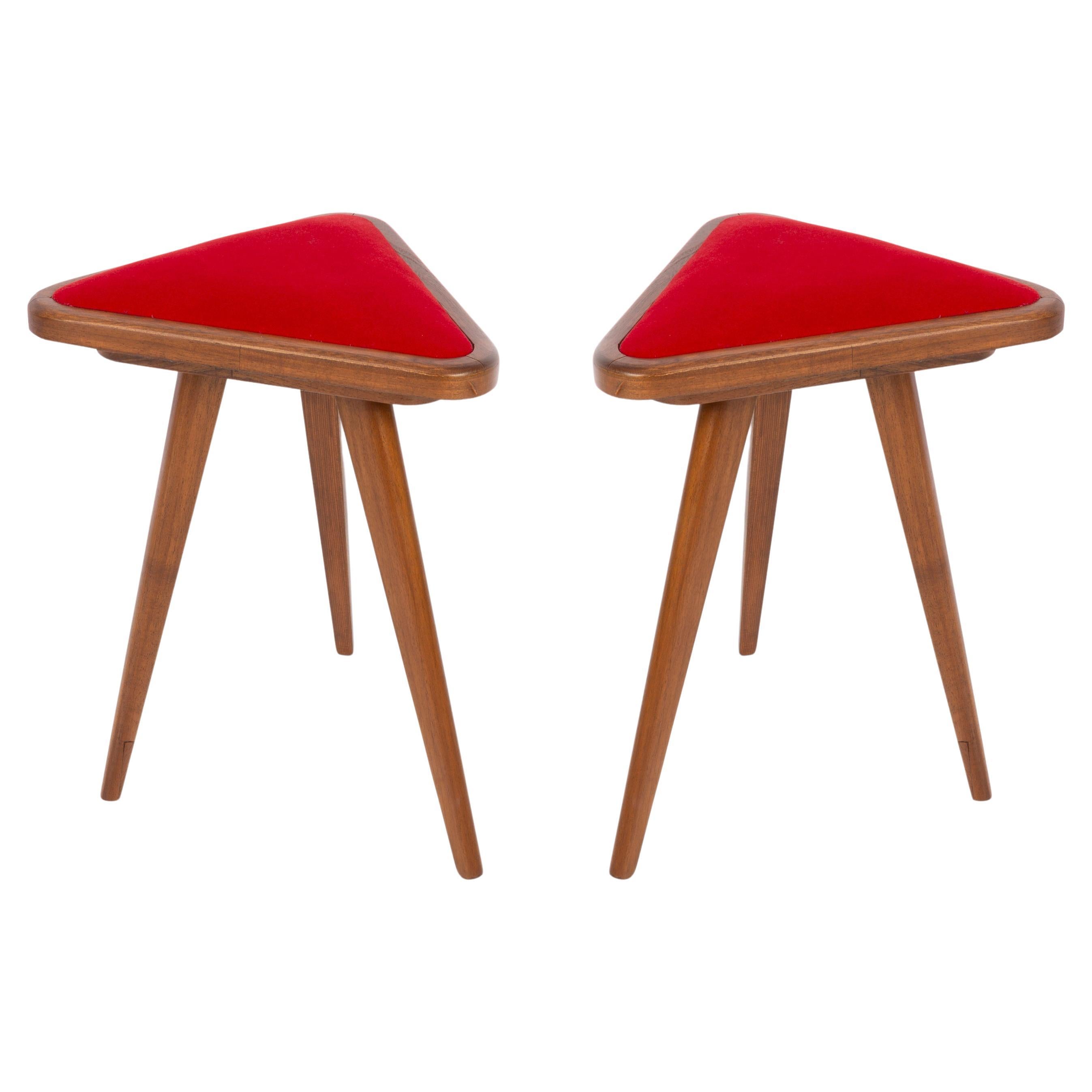 Set of Two Red Velvet 20th Century Triangle Stools, Europe, 1960s For Sale