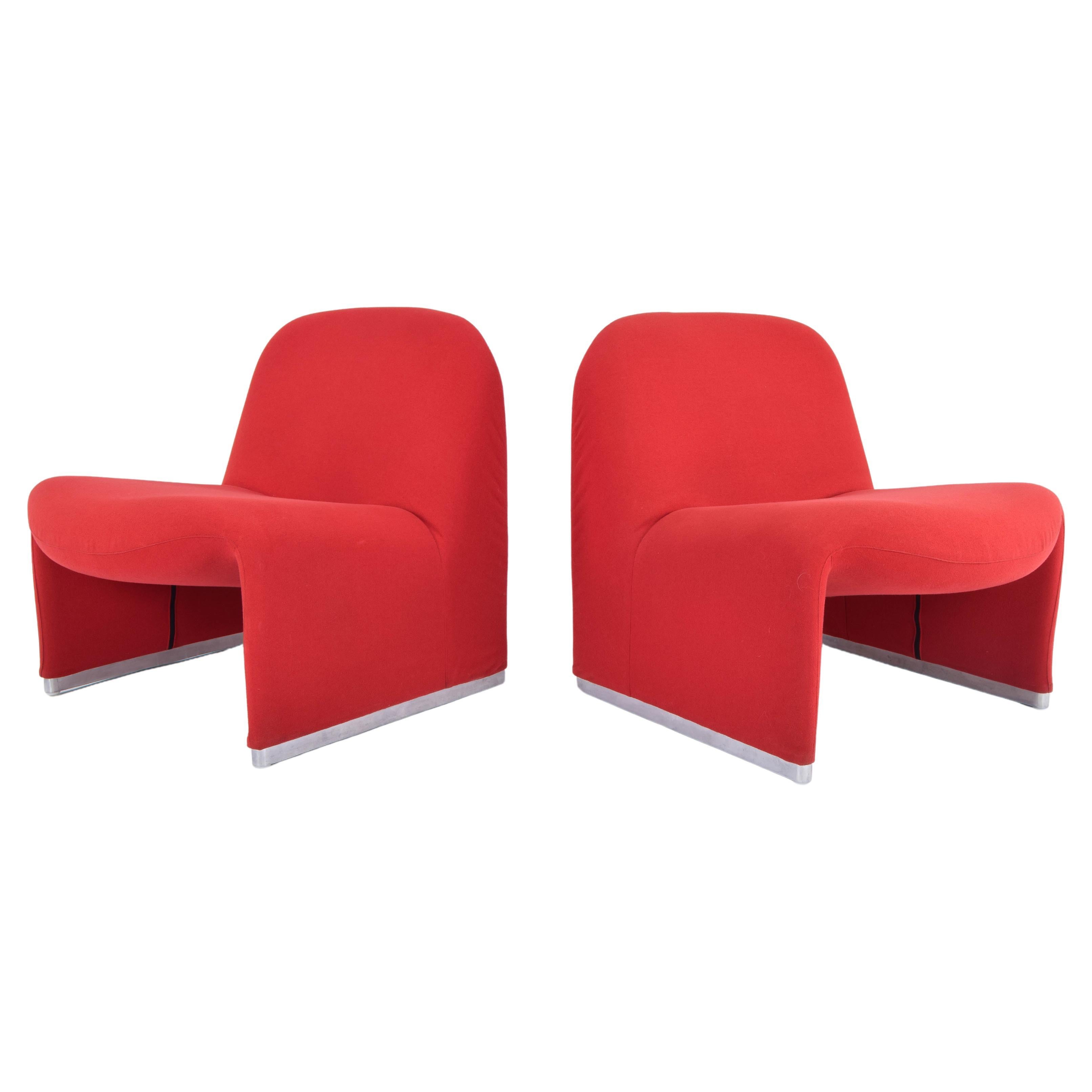 Set of Two Red Wool Alky Club Chairs by Giancarlo Piretti to Castelli Italy 70s