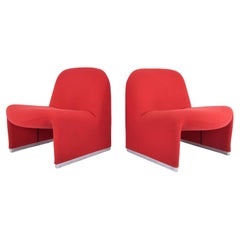 Set of Two Red Wool Alky Club Chairs by Giancarlo Piretti to Castelli Italy 70s