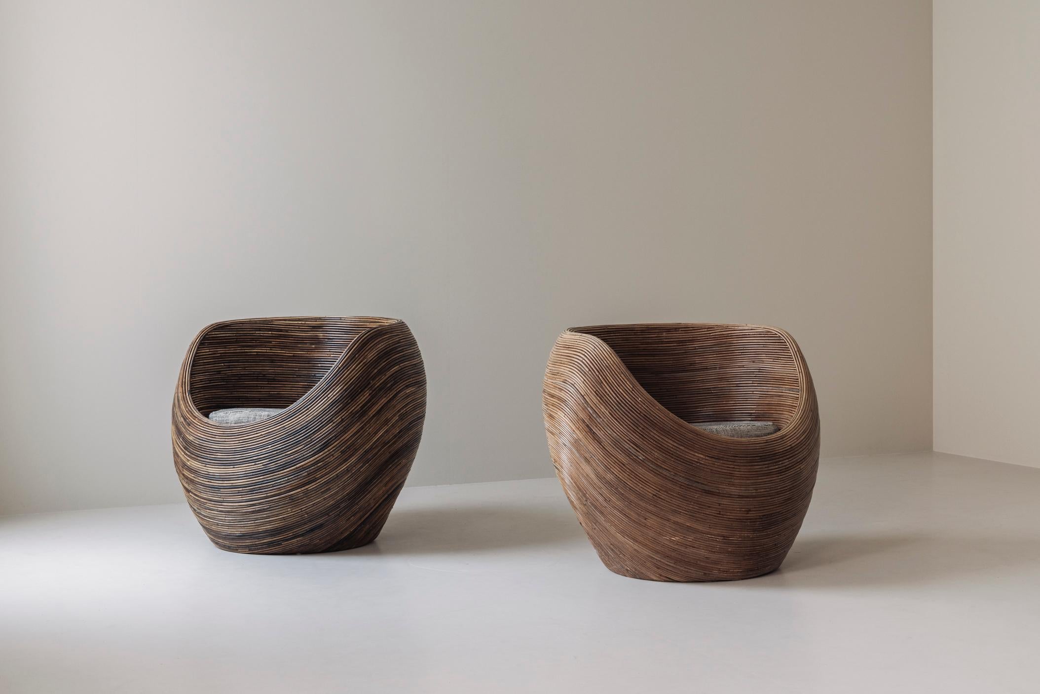 Mid-Century Modern Set of two reed lounge chairs attributed Gabriella Crespi, Italy 1960s