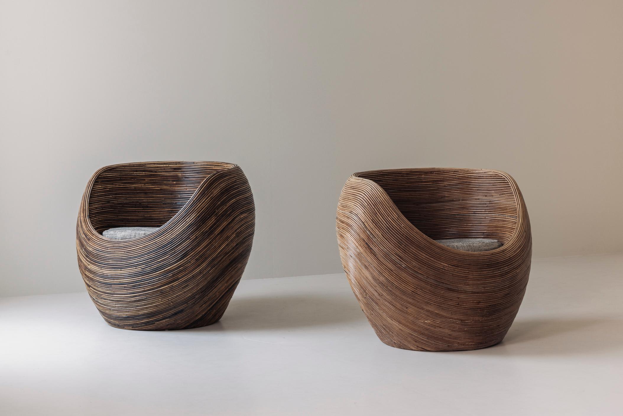 Italian Set of two reed lounge chairs attributed Gabriella Crespi, Italy 1960s