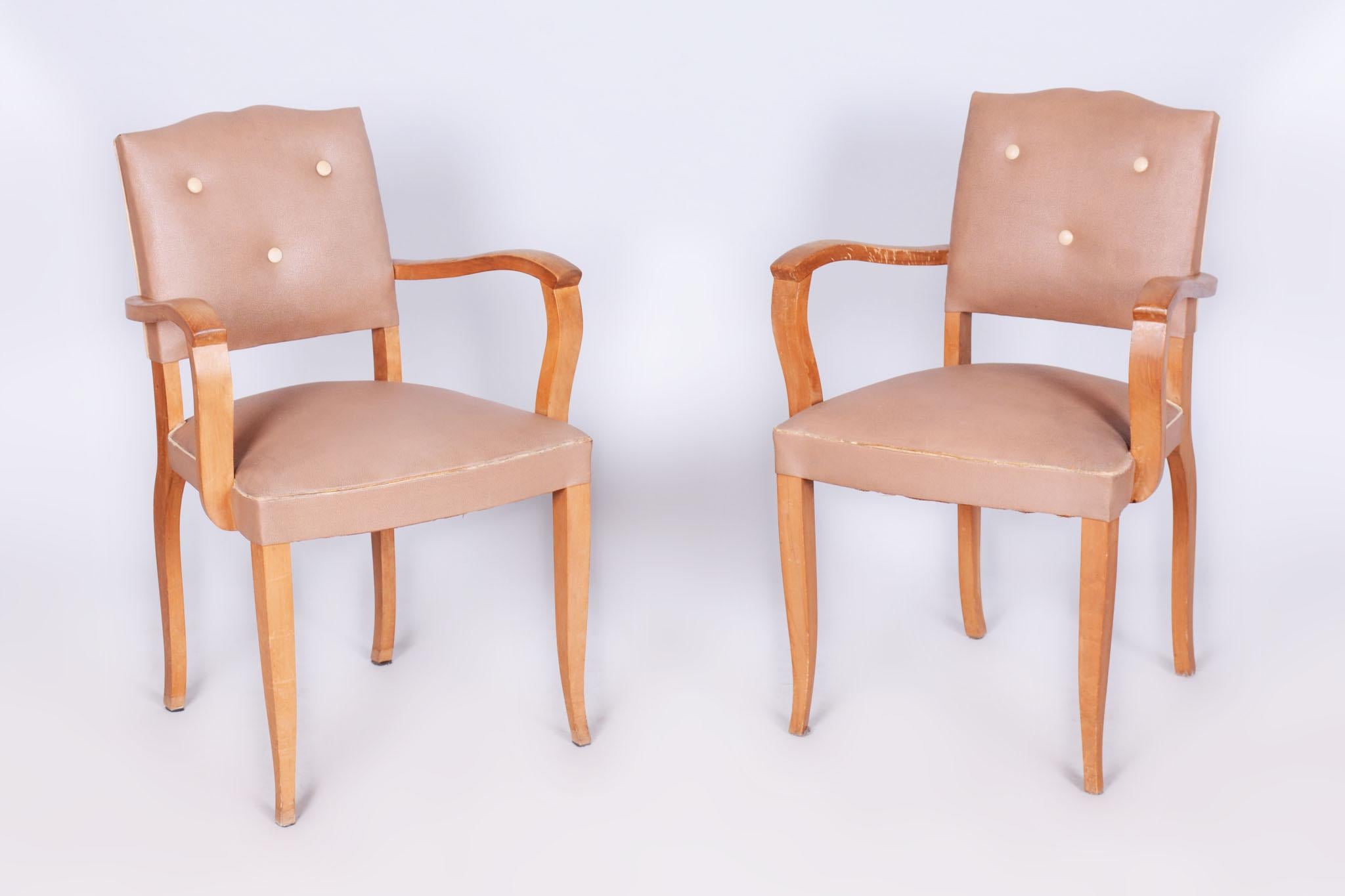 Set of Two Restored Art Deco Armchairs, by Jules Leleu, Beech, France, 1930s