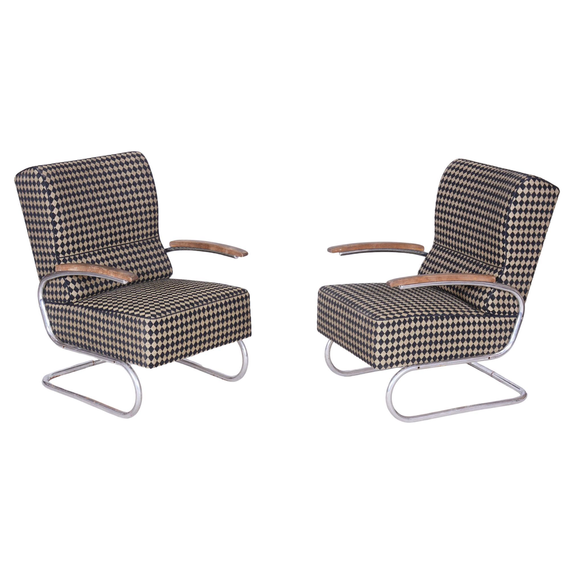 Set of Two Restored Bauhaus Armchairs, by Vichr a Spol., Chrome, Czech, 1930s