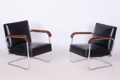 Set of Two Restored Bauhaus Armchairs, Chrome, Beech, Cowhide, Czech, 1930s