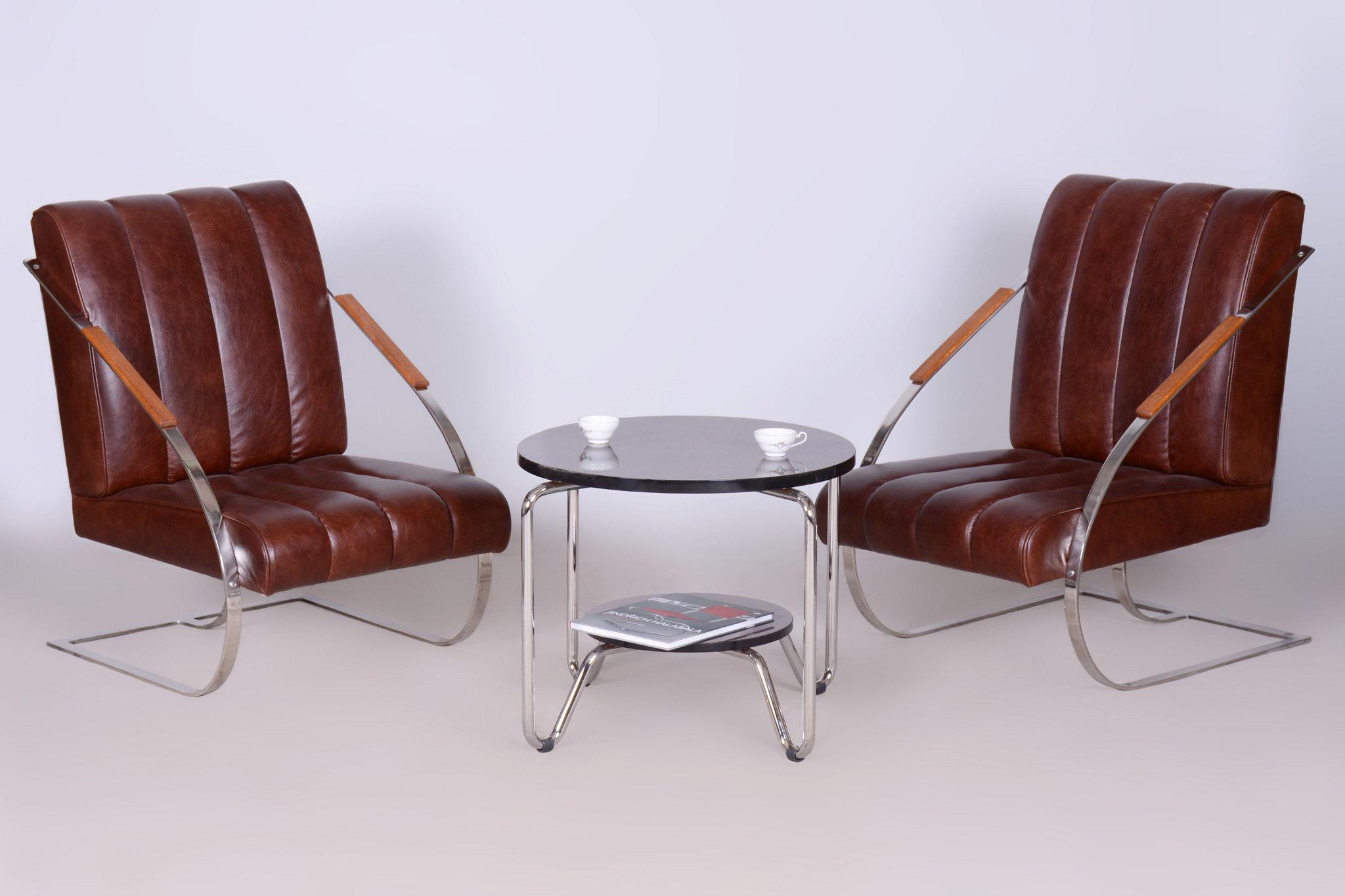 Set aus zwei restaurierten Bauhaus-Sesseln, Leder, vernickelt, tschechisch, 1920er Jahre im Angebot 5