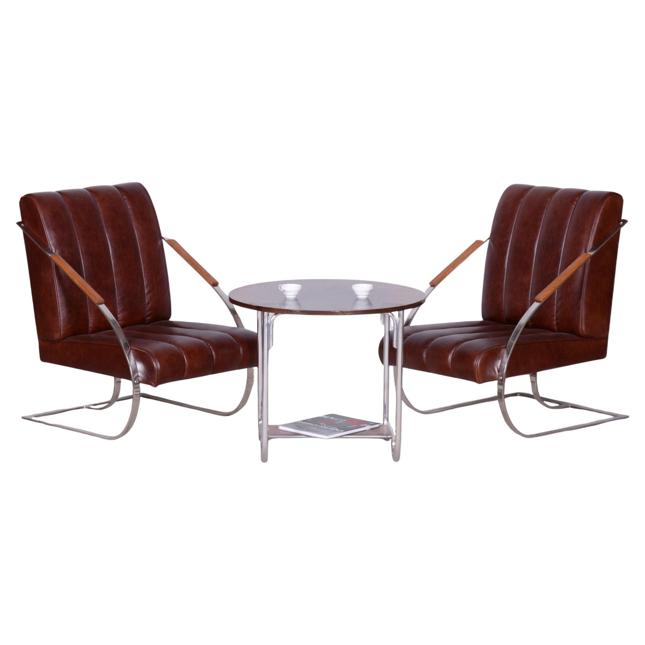 Set of Two Restored Bauhaus Armchairs, Leather, Nickel-Plating, Czech, 1920s