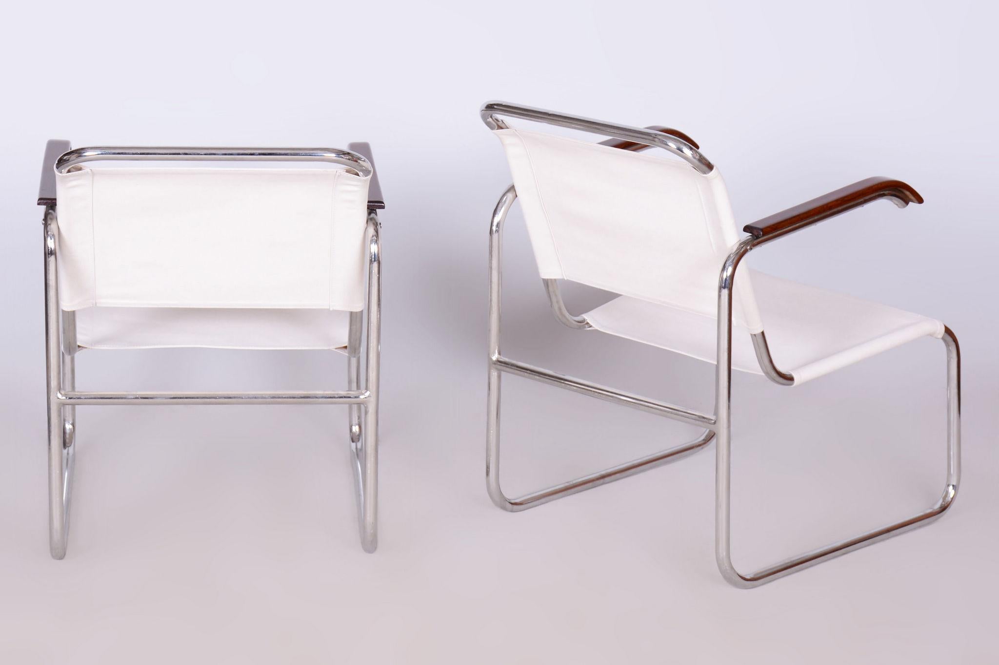 Set of Two Restored Bauhus Armchairs, Beech, Chrome, Canvas, Czech, 1930s For Sale 6