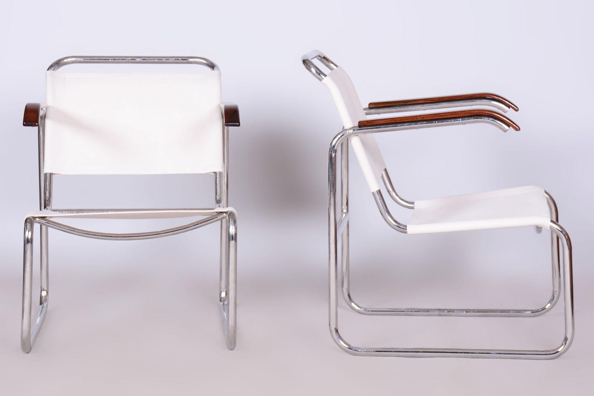 Set of Two Restored Bauhus Armchairs, Beech, Chrome, Canvas, Czech, 1930s For Sale 4