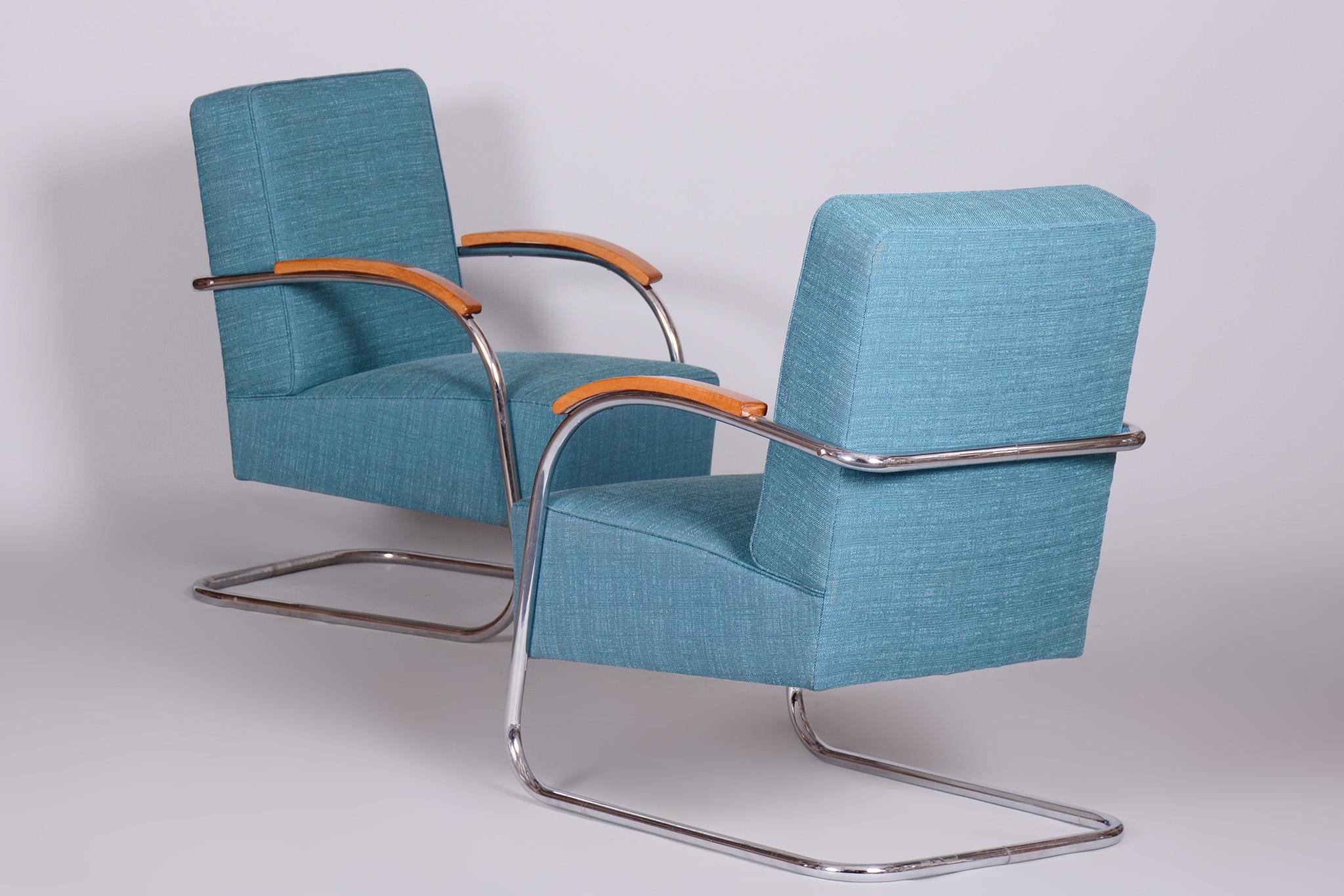 Mid-Century Modern Set of Two Restored Blue Armchairs by Mucke-Melder, Czechia, 1930s For Sale