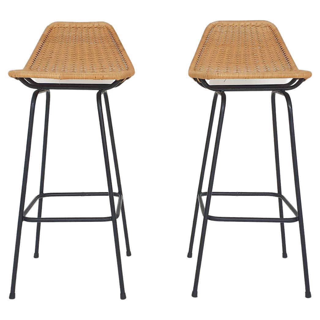 Set of two Rohe Noordwolde rattan and metal bar stools, The Netherlands ...