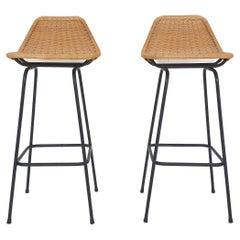 Set of two Rohe Noordwolde rattan and metal bar stools, The Netherlands 1950's