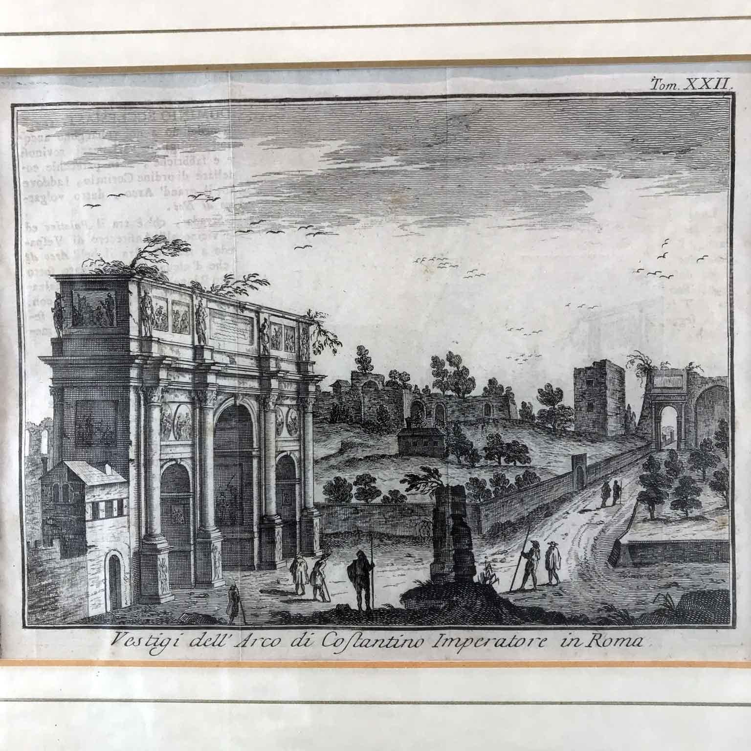 A pair of Rome views, two Neoclassical original etchings depicting Italian views of Rome, with the following titles:

Colonna di M. Antonino Imperatore nella via Flaminia in Roma.
Vestigi dell'Arco di Costantino Imperatore in Roma.

Copper