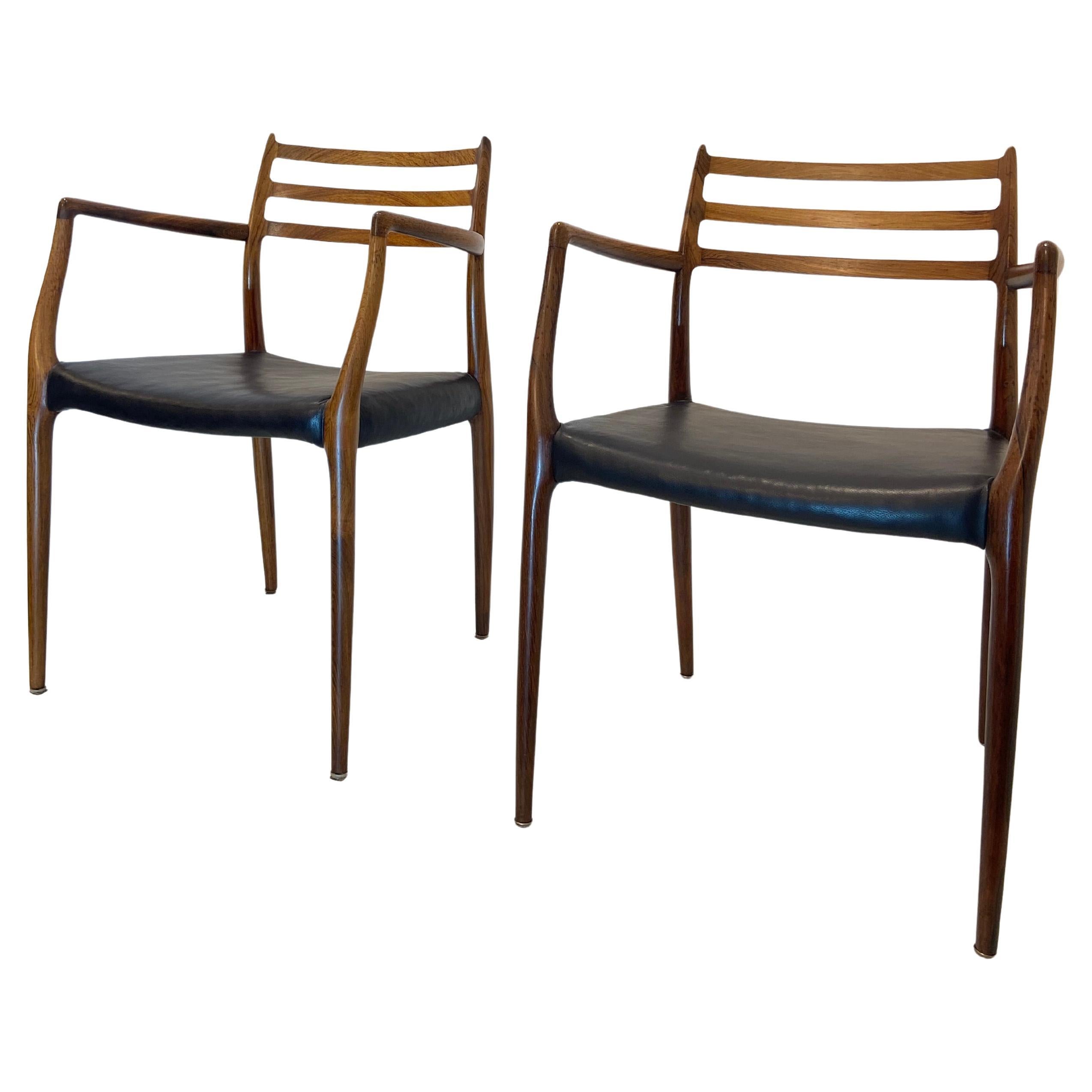 Set Of Two Rosewood Niels Otto Moller Model 62 Dining Chairs In Black Leather
