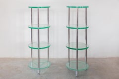 Set of Two Round Glass Mid-Century Modern Chrome Frame Plant Etagere