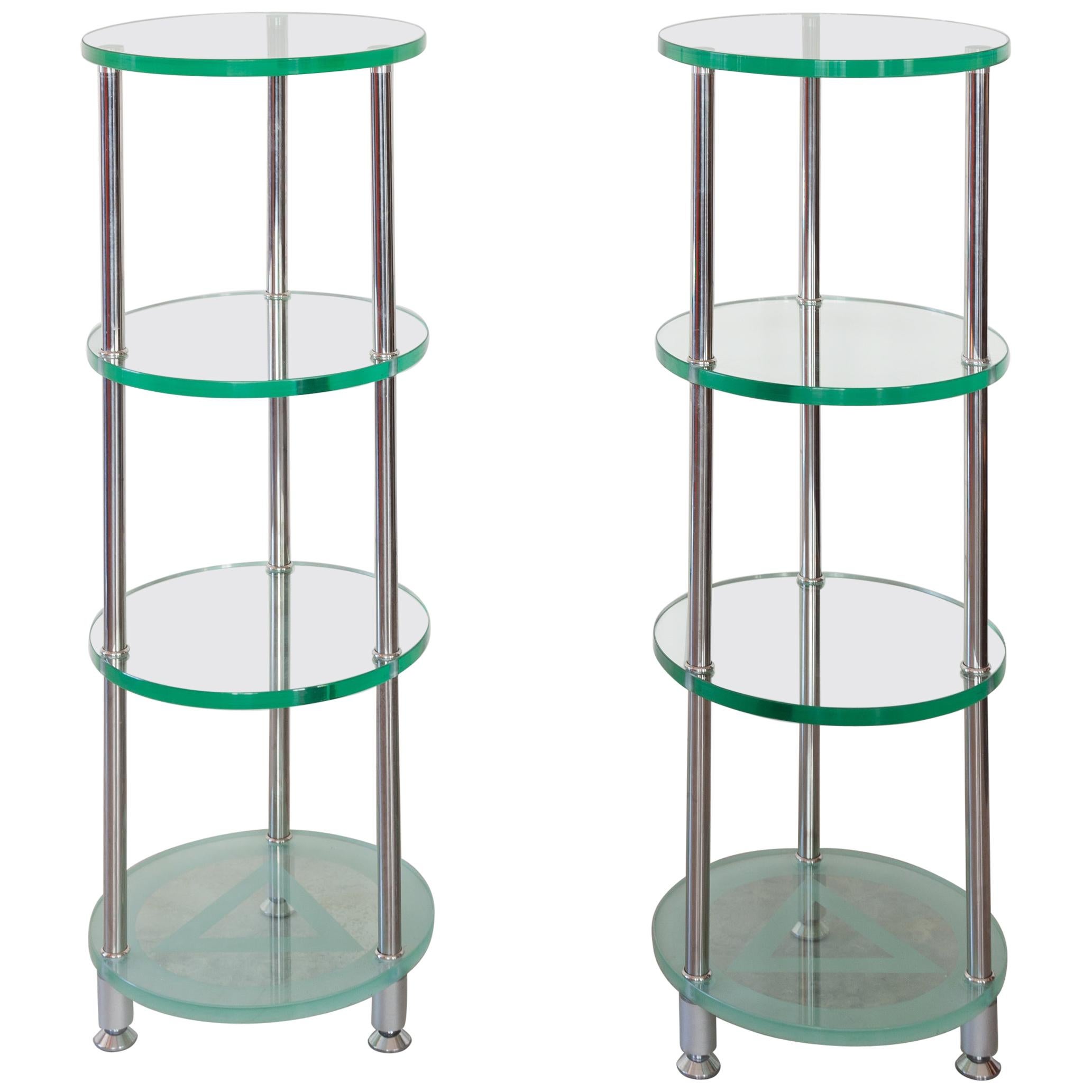 Set of Two Round Glass Mid-Century Modern Chrome Frame Plant Etagere For Sale