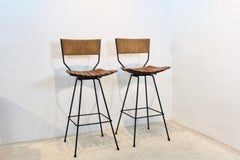 Set of Two Rush and Iron Swiveling Bar Stools by Arthur Umanoff