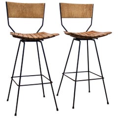 Set of Two Rush and Iron Swiveling Bar Stools by Arthur Umanoff
