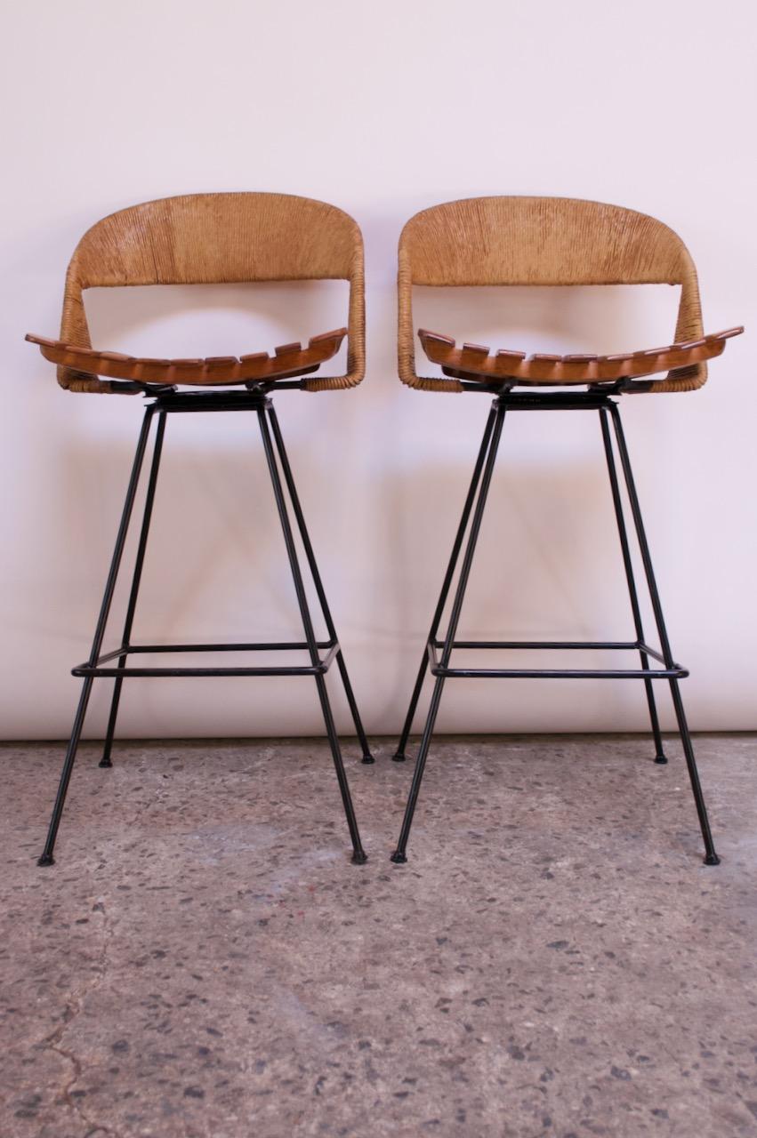 American Set of Two Rush and Iron Swiveling Stools by Arthur Umanoff, Five Available